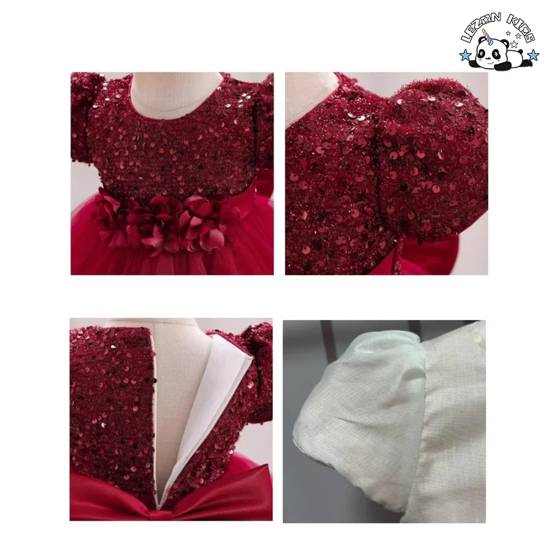 LEZONKIDS - Kids Tulle Dress Puff Short Sleeve Sequins Birthday Party Dress Flower Waistband Ball Gown Wedding Flower Girl Dress